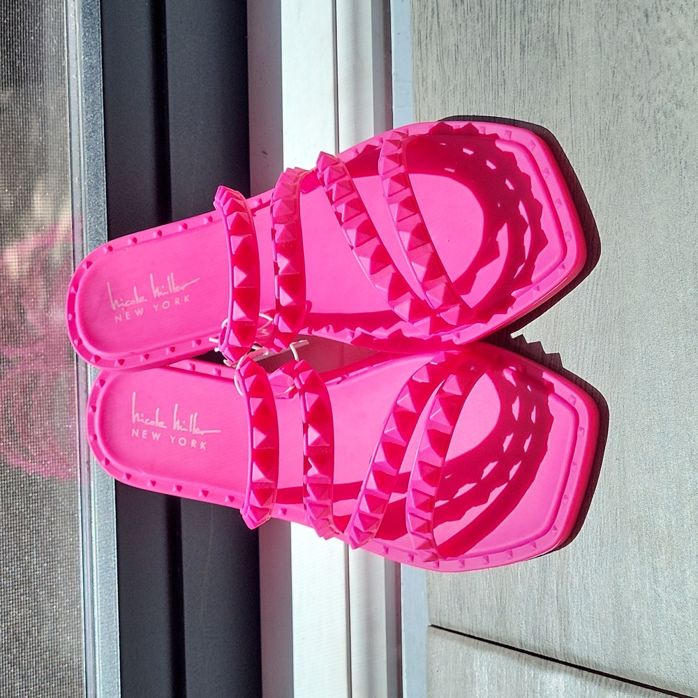 Nicole Miller Jelly Studded Sandals Sz 8 Pink Strappy Slip On Flat